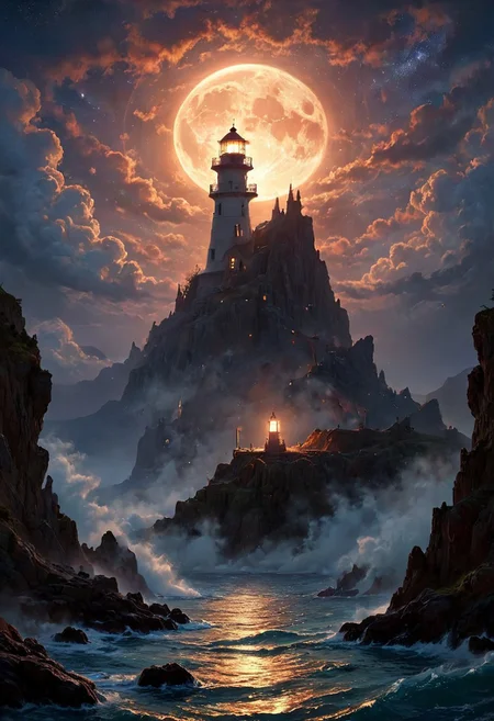 Under the eerie glow of a full moon, a dark and ominous landscape unfolds. A vibrant, colorful ship stands by the edge of a serene ocean, its vivid hues contrasting starkly with the foreboding atmosphere. In the background, a lighthouse stands atop jagged rocks, its light cutting through the darkness and reflecting off the ocean's surface, glistening in the moonlight. Thick, swirling clouds loom overhead, adding to the sense of an evil presence. The moonlight filters through the clouds, casting an otherworldly glow over the scene. A falling star streaks across the sky, adding a touch of mysticism to the night. The air is thick with a sense of ancient secrets and dark magic, as if the very night is alive with hidden power. romantic impressionism,dream scenery art,beautiful oil matte painting,romantic,style of thomas kinkade,beautiful digital painting,anime landscape,romantic painting,dreamlike digital painting,colorful painting,beautiful gorgeous digital art,style of greg rutkowski,janek sedlar,jenny saville