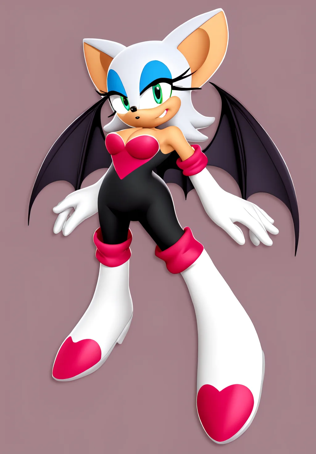<lora:Rouge_the_Bat:0.8>, Rouge_the_Bat, 1girl, solo, looking at viewer, smile, bare shoulders, green eyes, full body, hand up, bodysuit, two-tone background, black bodysuit
