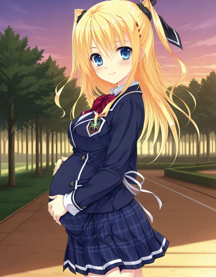 <lora:Morizono_Rikka_IL:0.8> morizono-rikka, large breasts, hair ribbon, blue eyes, long hair, blonde hair
1girl,pregnant, school uniform, blazer, pleated skirt, ribbon,
park, dusk, hand on belly, smile, blush, looking at viewer, from side,, Smooth Quality,