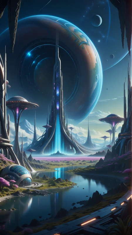 Cinematic movie still, hyper-detailed, sci-fi alien planet, with intricate futurcouture architecture, glowing holographic vegetation, luminescent flora under a vivid night sky. The landscape is bathed in soft, ethereal lighting, with shimmering stars scattered across the sky. The atmosphere feels alive, with high-definition realism, creating a mesmerizing and surreal environment. The scene is rendered in stunning 4K resolution, capturing every detail with professional artwork quality. Advanced visual techniques and effects add depth and texture, making the scene both captivating and otherworldly. <lora:3D:0.5> <lora:JuggerCineXL2:0.5> <lora:add-details-xl:0.5> <lora:RM_Futurcouture_loha_v1.5:0.5> <lora:ral-hlgrphic-sdxl:0.5> <lora:SDXL_minimalism:0.5> <lora:add_brightness:0.5> <lora:DistantFuture:0.5>