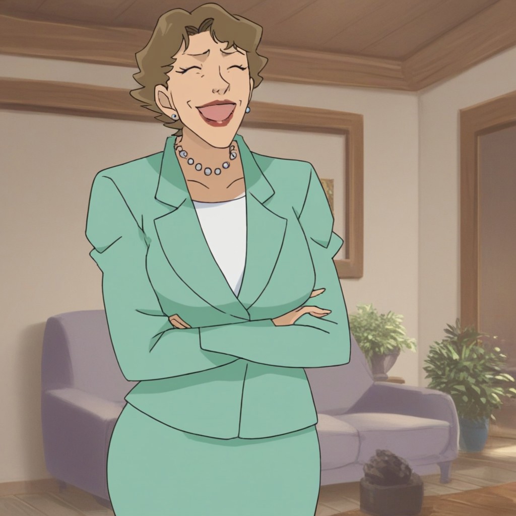 score_9, score_8_up, score_8, score_7_up, score_7, (best quality), Source_cartoon, anime coloring, 1girl, mature female, older woman, solo, Waltz Hohoemi, brown hair, short hair, mature woman, lipstick, makeup, formal, green jacket, green pencil skirt, blue heels, earrings, pearl necklace,1girl, big ass, voluptuous body, curvy figure, huge hips, big breasts, fullbody, laughing, living room