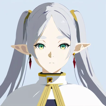 (masterpiece:1.2), (best quality:1.4), vector-artstyle, flat color, simple background, frieren, 1girl, solo, green eyes, grey hair, twintails, pointy ears, eyebrows, white capelet with long sleeves, earrings, expressionless, upper body, looking at viewer, <lora:Perfect Hands:0.8>, <lora:neg4all_bdsqlsz_xl_V7:1>, <lora:vector-artstyle-000003:0.9>, <lora:FrierenXL:0.9>