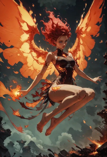score_9, score_8_up, score_7_up, score_6_up, 1girl, (solo), red hair, female phoenix, floating, flying, fiery wings, inferno, fire, flames, lava made, translucent, fantasy, glowing, barefoot, knva, halftone effect, Expressiveh <lora:sinfully_stylish_SDXL> <lora:add-detail-xl:1> <lora:xl_more_art-full_v1:0.7> <lora:Kenva:1> <lora:Concept Art Twilight Style SDXL_LoRA_Pony Diffusion V6 XL:1> <lora:Expressive_H-000001:0.8>