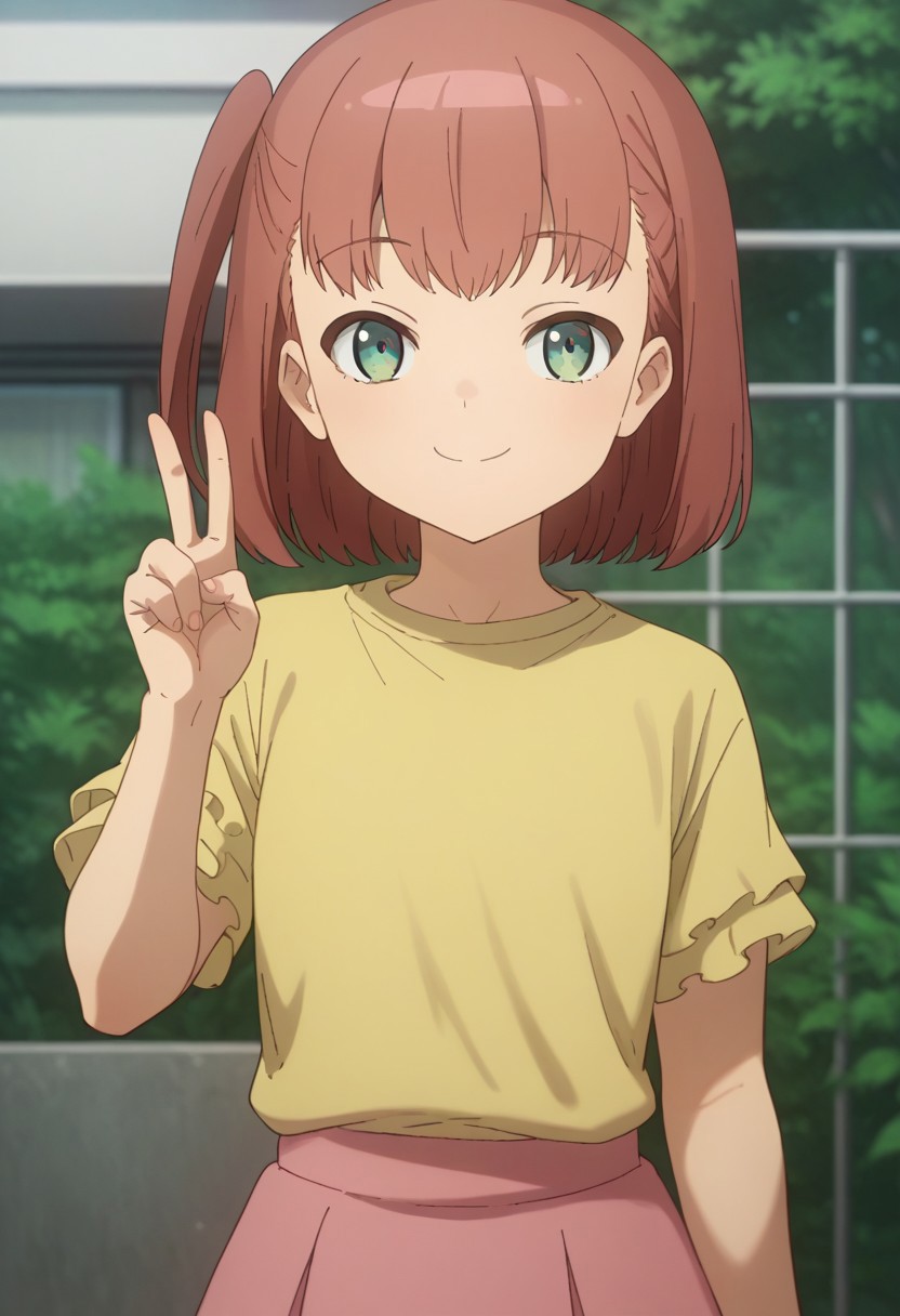 score_9, score_8_up, score_7_up, source_anime, highly detailed, 
kokoro, 1girl, solo, skirt, pink skirt, yellow shirt, shirt, one side up, upper body, hort sleeves, standing, looking at viewer, bangs, red hair, short hair, smile, v sign
outdoor,
