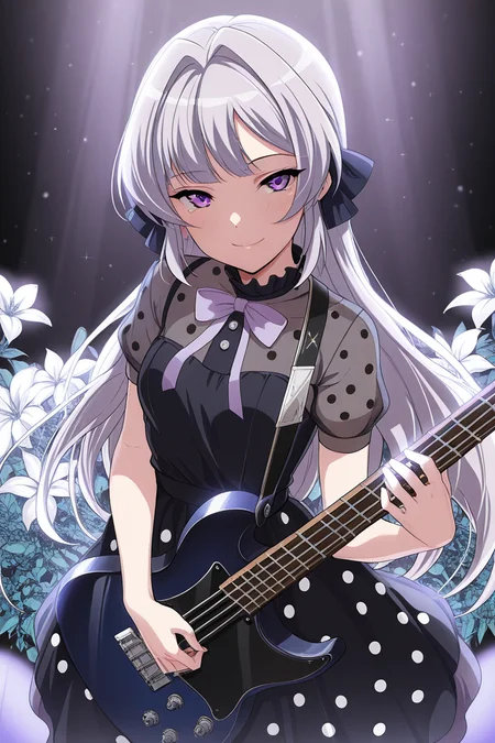 masterpiece, best quality, amazing quality,
<lora:Akira_IL:1> akira, 1girl, instrument, long hair, purple eyes, solo, grey hair, polka dot, dress, smile, guitar, black dress, flower, looking at viewer, short sleeves, holding, bangs, bow