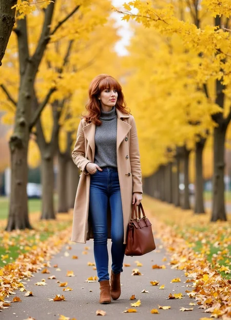 SFW, brightly lit, The image shows a woman walking in a park during autumn. She is wearing a long beige trench coat, a grey turtleneck sweater, blue jeans, and brown ankle boots. She has a brown handbag slung over her shoulder and is looking off to the side with a serious expression on her face. The trees in the background are covered in yellow leaves, indicating that the photo was taken during the fall season. The ground is covered in fallen leaves, creating a beautiful contrast with the warm colors of the trees., aidmaimageupgrader<lora:flux\custom\celebrity\peg-bundy.safetensors:1.1:1.1> <lora:turbo-8-step-flux.safetensors:0.5:0.5> <lora:flux\style\Common\aidmaImageUprader-FLUX-v0.3.safetensors:0.25:0.25>