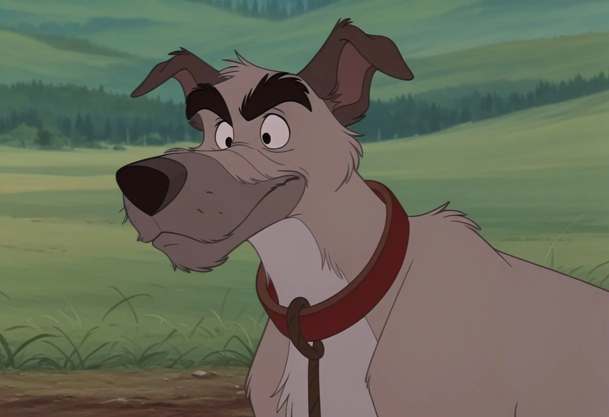 core_9, score_8_up, score_7_up, score_6_up, score_5_up, score_4_up, detailed background, detailed face, 1boy, solo, medium build, old dog, gray color, large, big eyebrows, cartoon, Disney style, dog, furry, 2d animation, Chief, Irish Wolfhound