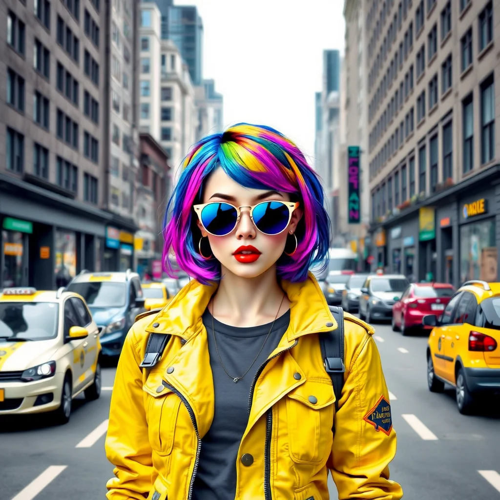 babel-pencil, a woman with colorful hair and sunglasses standing in the middle of a city street. She is wearing a yellow jacket and is surrounded by vehicles on the road and buildings on either side. The sky is visible at the top of the image.