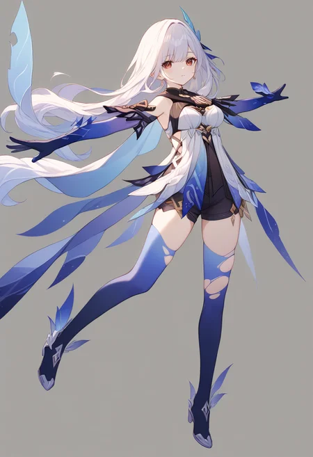 score_9,score_8_up,score_7_up,score_6_up,
Genshin_Skirk,1girl,solo,long hair,gloves,blue torn thighhighs,blue elbow gloves,simple background,looking at viewer,butterfly hair ornament,full body,white hair,earrings,jewelry,red eyes,black background,bare shoulders,bangs,white dress,closed mouth,breasts,outstretched arms,<lora:Genshin_Skirk_pony:1>,