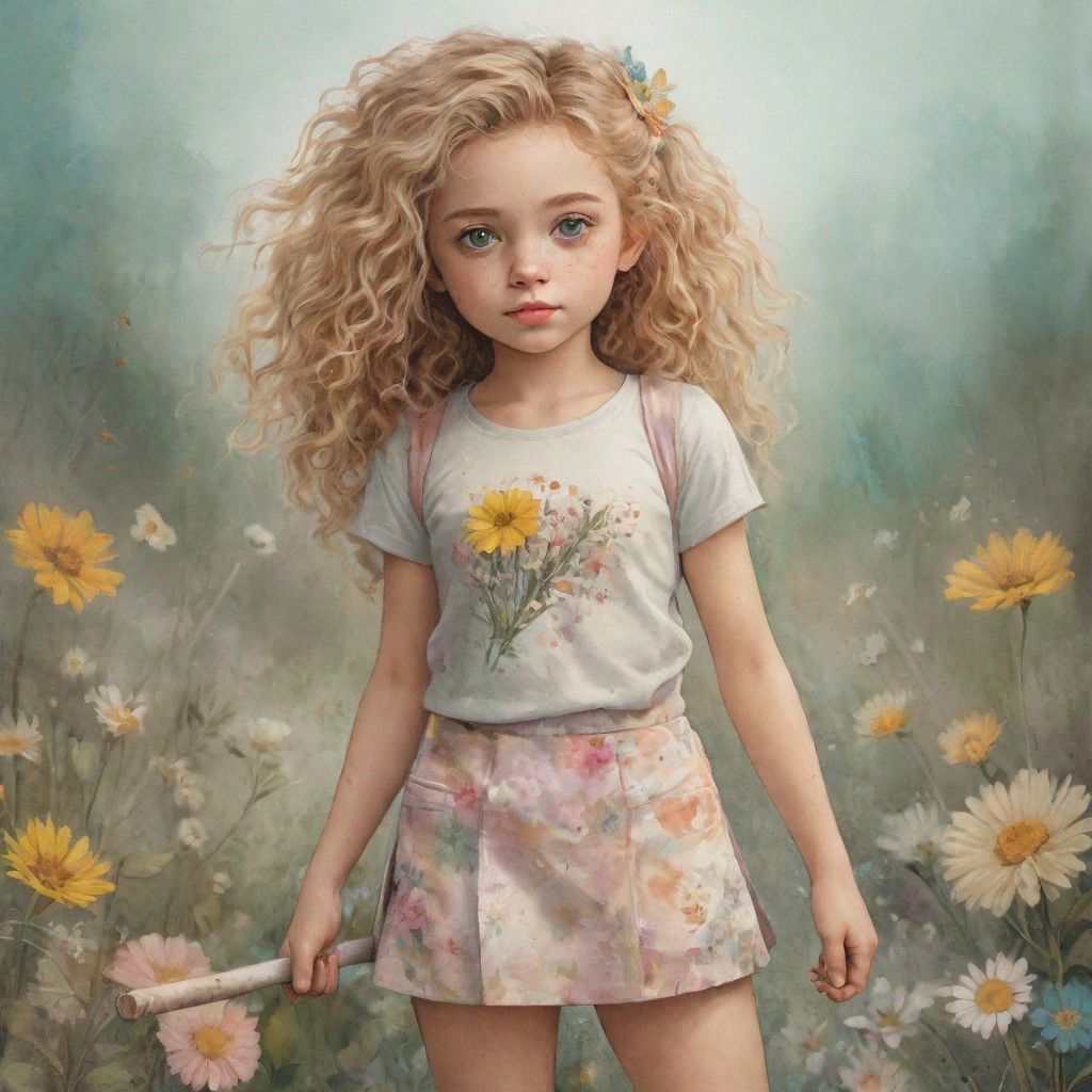 Fancy 3D little girl with freckles, brown eyes, a mass of wild curly blonde hair and flowers in her hair. She's wearing a ripped skirt, t-shirt, and white dirty sneakers. She holds a stick slingshot in her hand. A background of wild flowers. Pastel colors and soft golden lines, water color and alcohol ink effect
