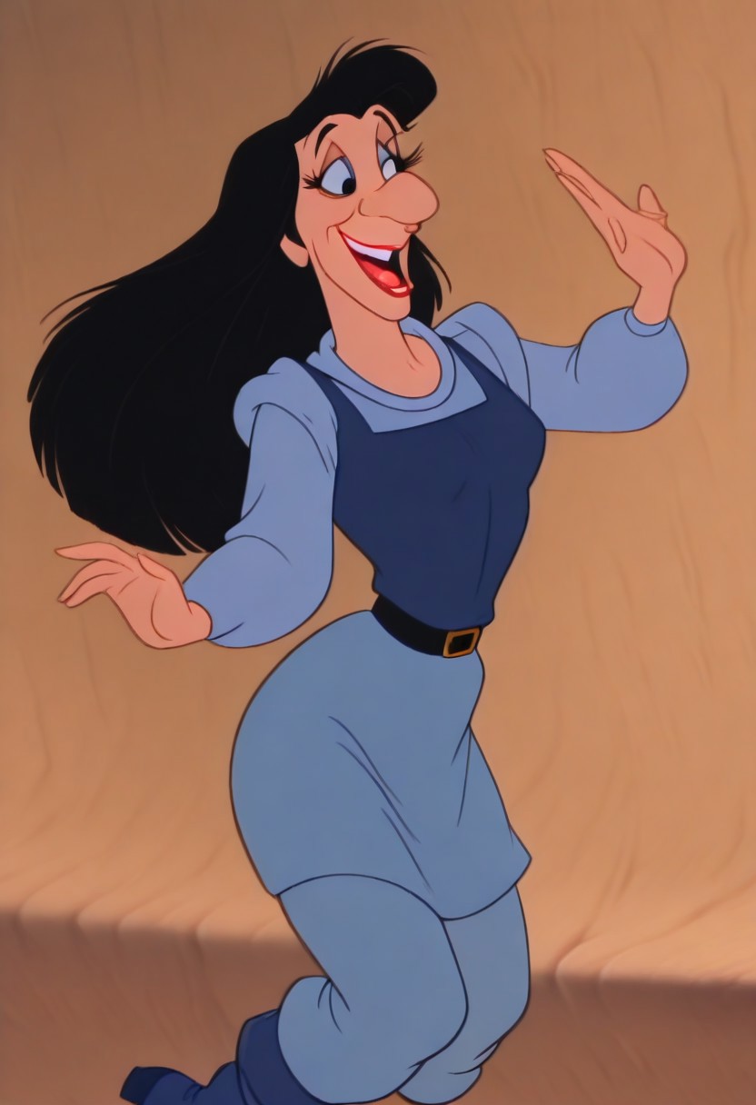 DukeIgthorn, retro artstyle, solo, long black hair, black eyes, long eyelashes, big nose, BBN, light blue hood, light blue sleeves, long sleeves, light blue pants, blue tunic, dark blue boots, black buckle belt, smile, open mouth, masterpiece, best quality, sensitive, 1girl, solo, looking at viewer, (dynamic pose:1.4), female body, genderswap (mtf), genderswap, ,, retro artstyle, gender transformation