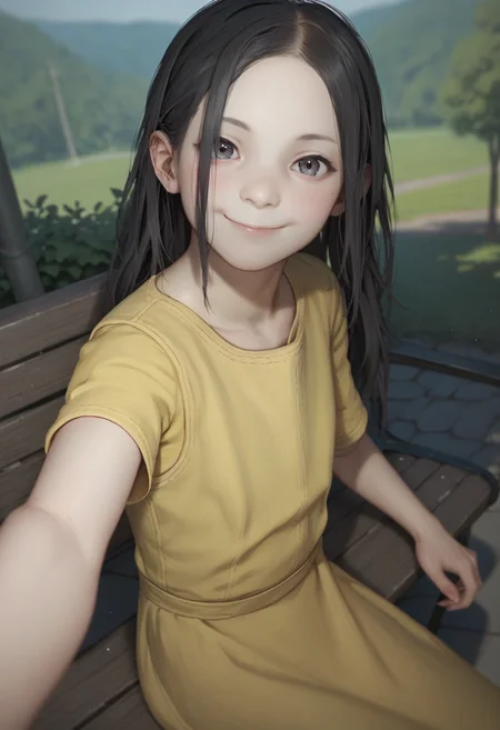 score_9, score_8_up, score_8, source_anime, 1girl, <lora:Eveline:0.8> solo, flat chest, white skin, pale skin, long hair, black hair, yellow dress, short sleeves, smile, blush, sitting on bench, looking at viewer, selfie pose,
outdoors background,