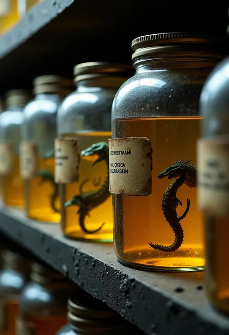 Close up. A row of dimly lit shelfs containing several jars, tightly packed, closed with lids on them. On the jars are small yellowed paper labels with strange names on them. Inside the jars are small dead dragons preserved in formaldehyde. The dragons have detailed slightly reflective scales. Each dragon has a different color. The colors are jaded, toned down. Eyes are closed. It is dark, low light. There is dust on the shelf and on the jars.