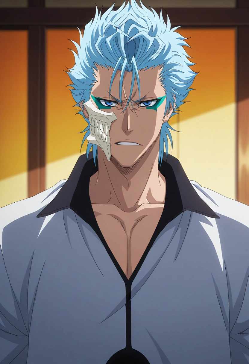 masterpiece, best quality, , anime screencap, anime coloring, , , depth of field, 1boy, solo, male focus, <lora:grimmjow_jaegerjaquez_ilxl:0.92>, grimmjow_jaegerjaquez, blue hair, blue eyes, facial mark, arrancar, mask, short hair, ,