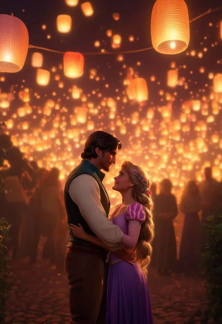 romance, 1man, 1girl, full body shot, realistic, stunningly realistic, trending on artstation , FlynnRider, Rapunzel, 1man, 1girl, original style, high angle, lanterns, magical ambiance, surrounded by lights, (masterpiece), best quality, highres, 4k, 8k, intricate detail, cinematic lighting, amazing quality, amazing shading, soft lighting, 35mm, analog style, a realistic photo, film grain, (photorealistic:0.6), taken by a canon eos r5, ultra detailed skin, ultra detailed face, chromatic aberration, colorful, bright colors,