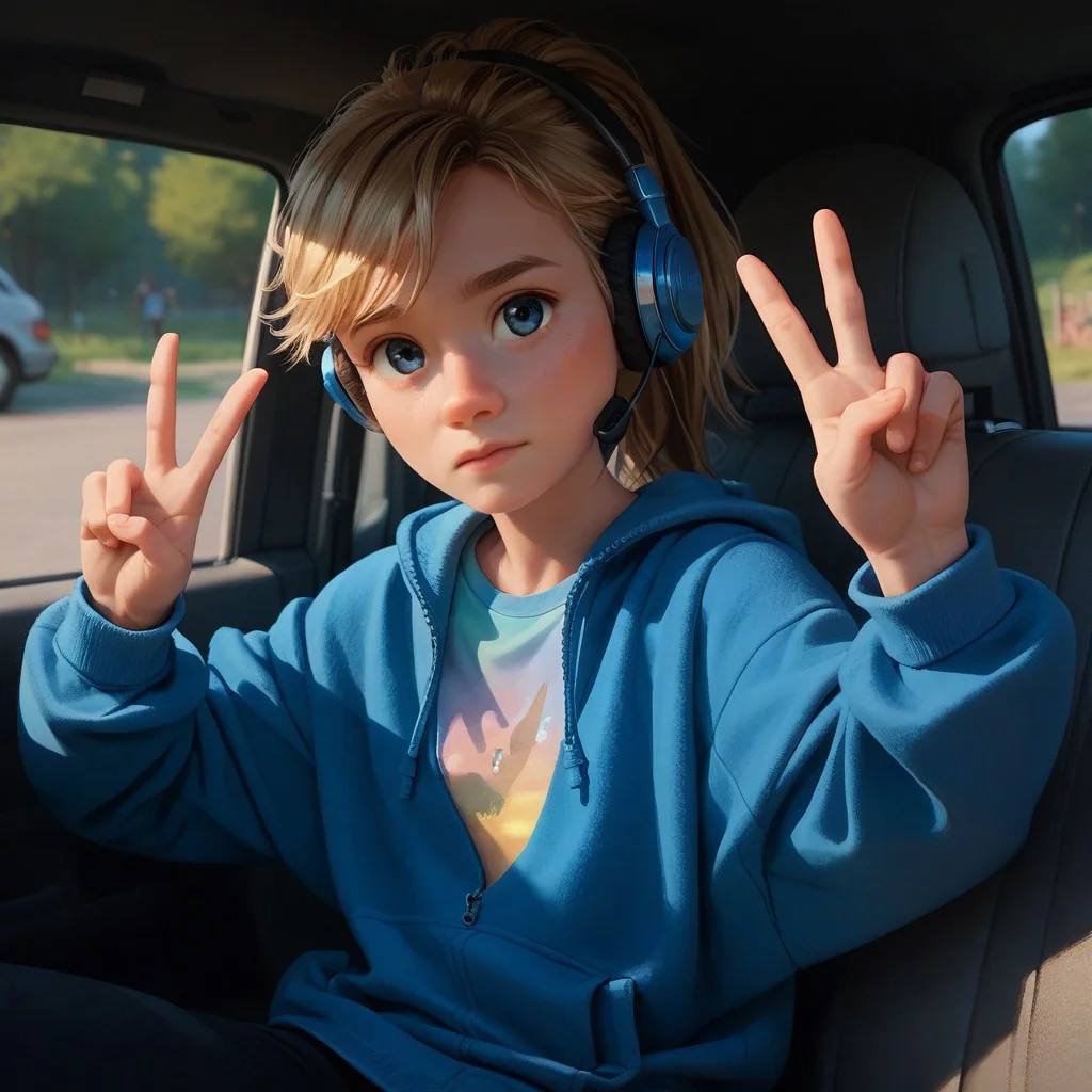 score_9, score_8_up, score_7_up, score_6_up, score_5_up, score_4_up, RileyAn, 1girl, ponytail, blond hair, blue eyes, in a car, headphones, blue hoodie, Peace sign