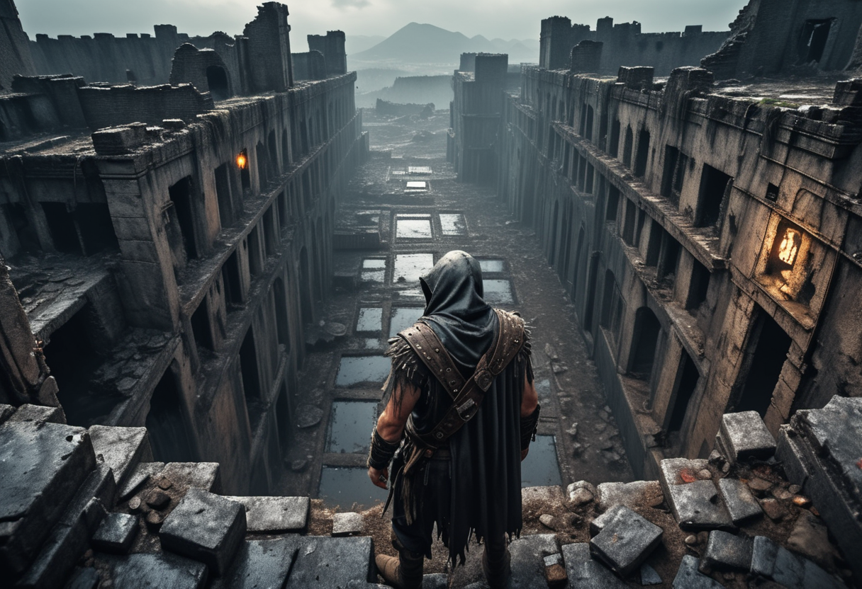 (medium full shot) of (medium shot , birdâs eye view) of mad raider exploring new territory, detailed face, located in a ruined world at a decayed fortress during early morning with rainy weather, illuminated by dim light, creating a desolate atmosphere, ,Masterpiece,best quality, raw photo, realistic, very aesthetic