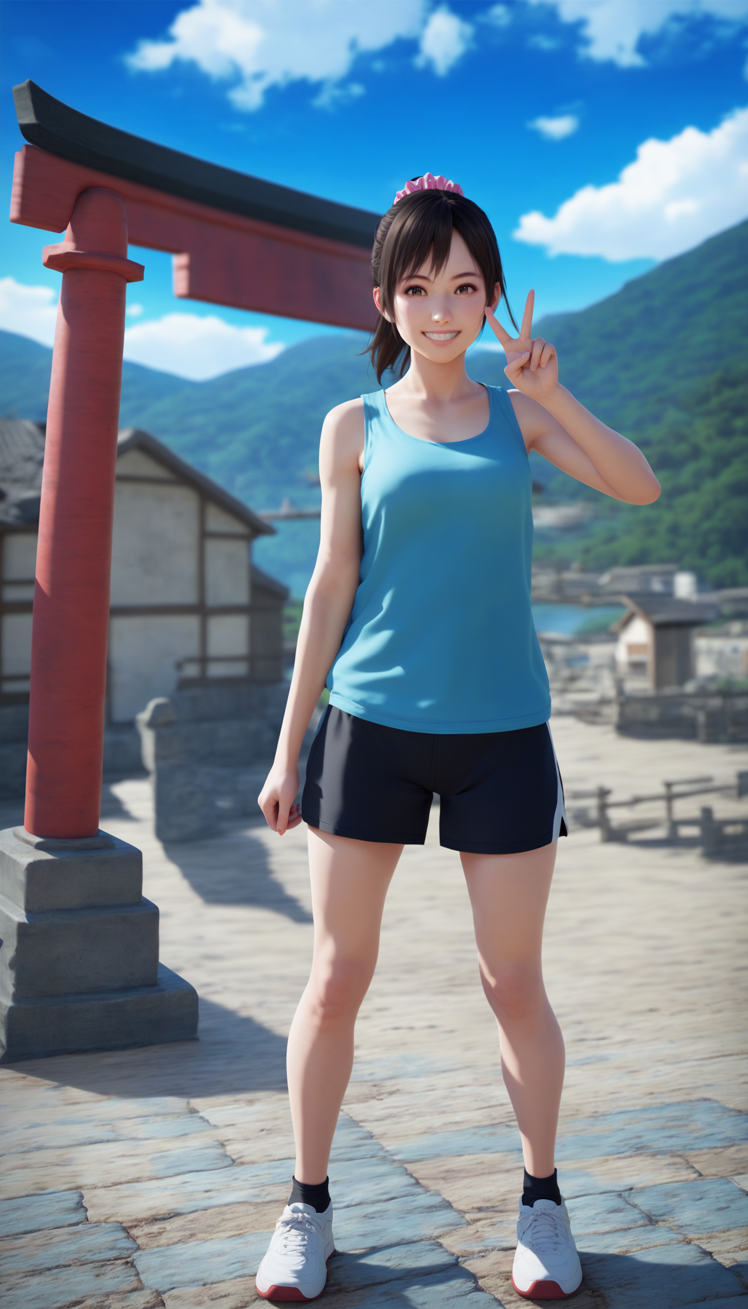score_9,score_8_up,score_7_up,
<lora:miiyamotoHikari1512:0.6>,miiyamotohikari,1girl,solo,
black hair,ponytail,bangs,scrunchie,pink scrunchie,brown eyes,
tank top,cyan tank top,short sleeves,black shorts,(white sports shoes:1.1),
looking at viewer,smile,grin, 
outdoors,sky,seaside,cloud,stone pavement,large bridge,distant mountains,clear blue sky,soft clouds drifting,summer,japanes house,torii,
vignetting,blurry background,
medium breasts,best hips,skindentation,
standing,full body,dynamic pose,v,