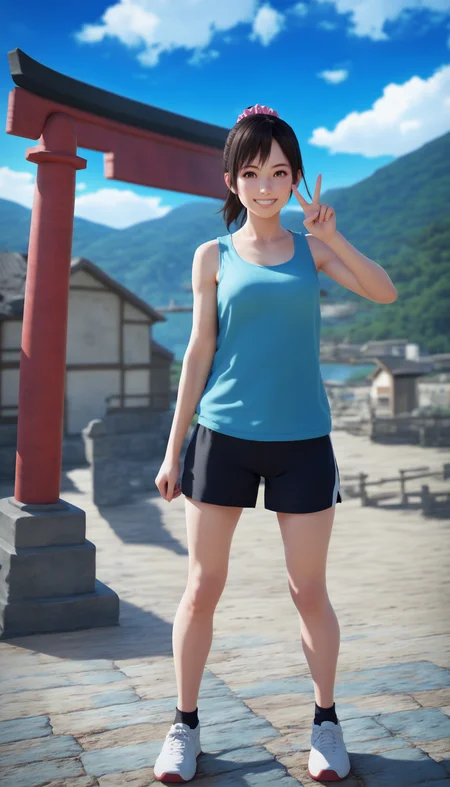 score_9,score_8_up,score_7_up,
<lora:miiyamotoHikari1512:0.6>,miiyamotohikari,1girl,solo,
black hair,ponytail,bangs,scrunchie,pink scrunchie,brown eyes,
tank top,cyan tank top,short sleeves,black shorts,(white sports shoes:1.1),
looking at viewer,smile,grin,
outdoors,sky,seaside,cloud,stone pavement,large bridge,distant mountains,clear blue sky,soft clouds drifting,summer,japanes house,torii,
vignetting,blurry background,
medium breasts,best hips,skindentation,
standing,full body,dynamic pose,v,