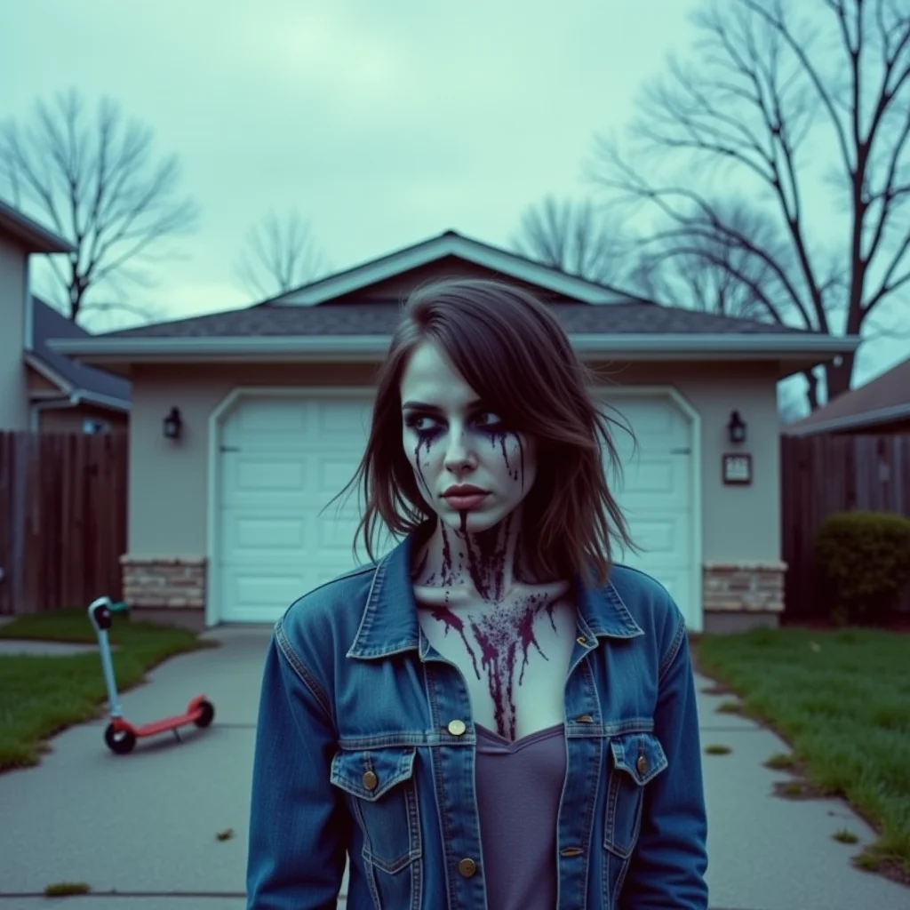 analog film photo Cowboy shot, suburban driveway under grey skies: A former teenage girl zombie in a denim jacket stands alone near a garage, weeds growing through the driveway cracks. Her shirt is torn at the shoulder, exposing mottled skin with blue-purple bruising, and faint blood dried in the lines of her throat. Her hair is matted, wind-swept. Her white eyes are open, emotionless, but almost calm. Shot on a Contax 645 with 80mm, film: Fujifilm Pro 400H, using overcast ambient light and slight backlight for soft haloing around the hair. Her fingernails are cracked, dirt under them. There's a child's scooter lying in the background. The scene feels eerily peaceful—end-of-the-world suburban melancholy. analog photography, shot by kodak brownie, faded polaroid <lora:undead denizens v2.2:1> . faded film, desaturated, 35mm photo, grainy, vignette, vintage, Kodachrome, Lomography, stained, highly detailed, found footage