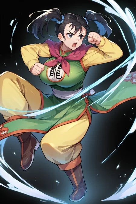 score_9, score_8_up, score_7_up, score_6_up, source_anime, BREAK 1girl, solo, <lora:dq3fighter-pdxl-nvwls-v1-000006:0.9> dq3fighter, black hair, twintails, black eyes, hair ornament, neckerchief, chinese clothes, green dress, yellow sleeves, long sleeves, yellow pants, boots, jump kick, kicking, serious, open mouth <lora:feh-style-richy-v1_pdxl:1>, fehspc, full body, black background, jumping, big breasts