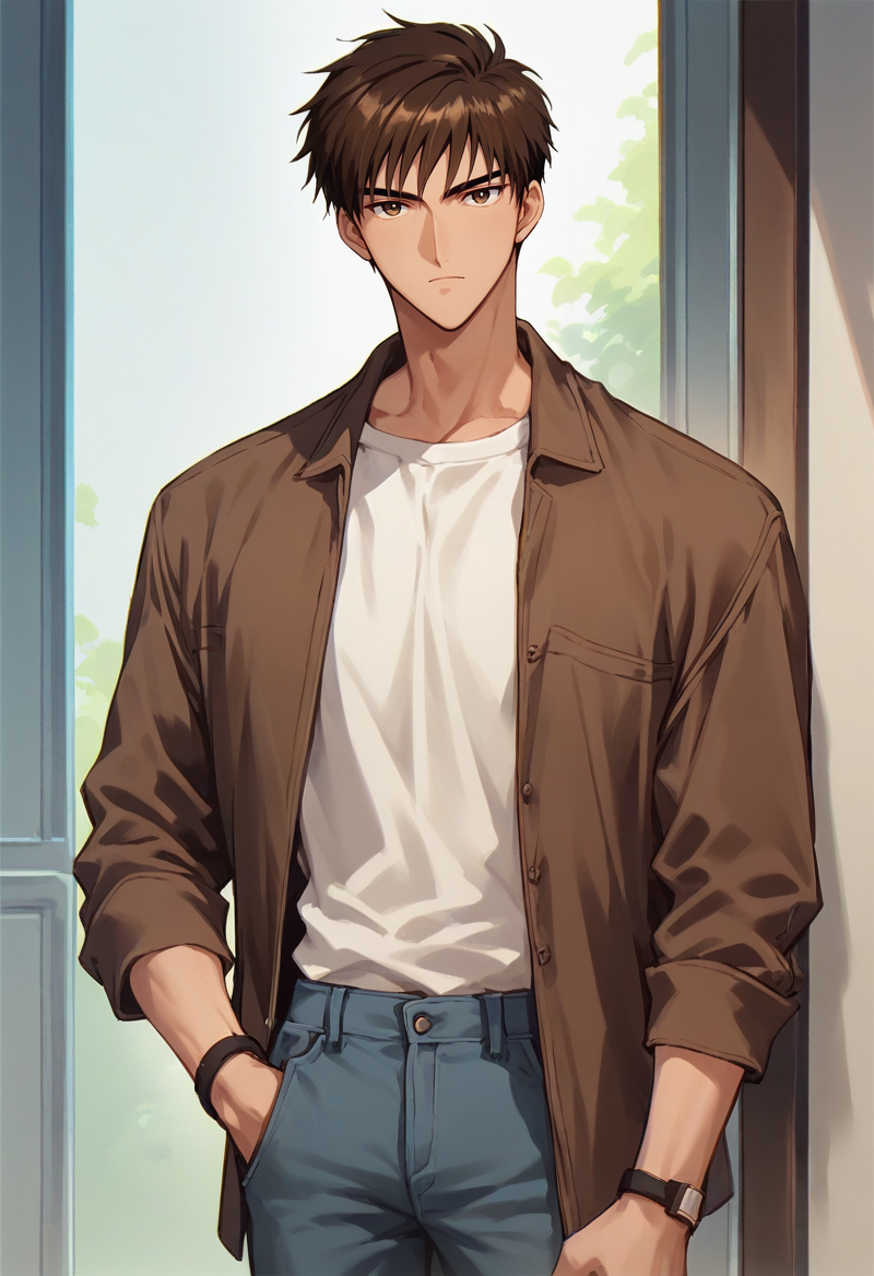 score_9,score_8_up,score_7_up,1boy,kinomoto_touya,male focus,short hair,brown hair,solo,brown eyes,looking at viewer,,pants,tall,standing,,<lora:kinomoto_touya:0.8>,<lora:Smooth Anime 2 Style SDXL_LoRA_Pony Diffusion V6 XL:0.8>