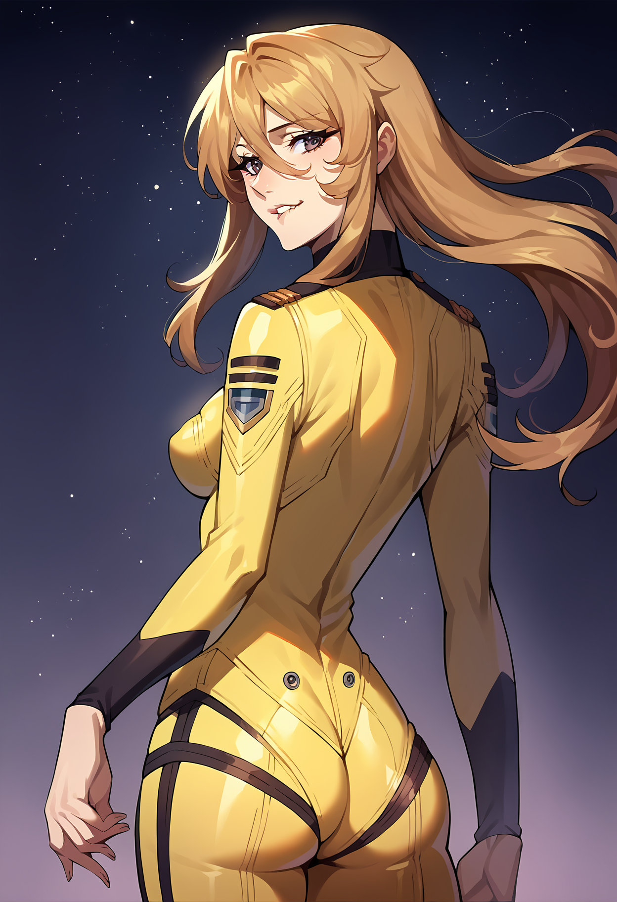 score_9, score_8_up, score_7_up, score_6_up, score_5_up, score_4_up, source_anime, rating_questionable, BREAK 1girl,solo, <lora:yuki-mori_pony_p2f-000005:1>, fyuk1, yellow_bodysuit, dark background, starry space, spacecraft, from behind, looking back, sexy pose, one hand in hair, seductive, (biting lips), cowboy shot, very aesthetic, magnificent, detailed, beautiful, <lora:add-detail-xl:1>, <lora:RMSDXL_Enhance:2>