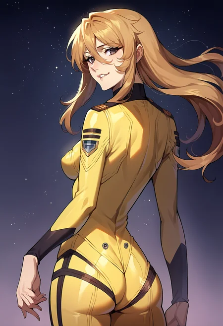 score_9, score_8_up, score_7_up, score_6_up, score_5_up, score_4_up, source_anime, rating_questionable, BREAK 1girl,solo, <lora:yuki-mori_pony_p2f-000005:1>, fyuk1, yellow_bodysuit, dark background, starry space, spacecraft, from behind, looking back, sexy pose, one hand in hair, seductive, (biting lips), cowboy shot, very aesthetic, magnificent, detailed, beautiful, <lora:add-detail-xl:1>, <lora:RMSDXL_Enhance:2>