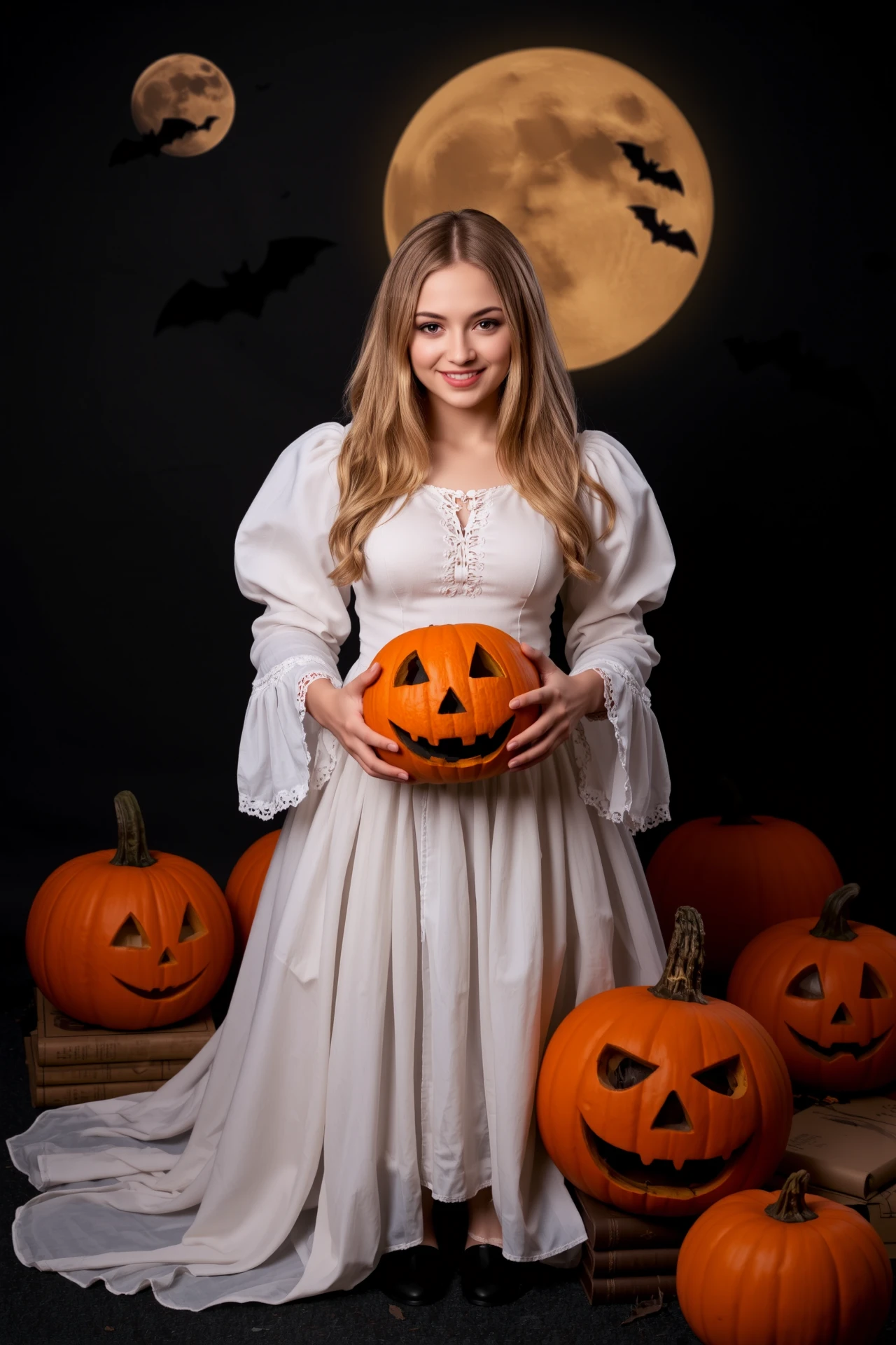 (Halloween pumpkins, jack-o-lantern), halloween night, horror, (bats), moon in the sky, portrait, (standing:1.2),  happy smiling, red eyes,(very detailed), best quality,  sharp focus, old magic books,  Mulberry ghostly white gown, halloween_atmosphere, halloween_backgrounds, halloween_creatures, halloween_props_decorations, halloween_styles, halloween_weather, halloween_lighting, ethereal lights, backlight, shadows, high contrast, hdr, <lora:Anti-Blur:0.8> <lora:Hand v2:0.8> Detailed hand, Hand, Perfect hand <lora:aidmaImageUpgrader:0.8> aidmaimageupgrader