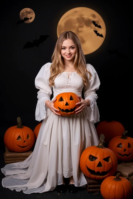 (Halloween pumpkins, jack-o-lantern), halloween night, horror, (bats), moon in the sky, portrait, (standing:1.2), happy smiling, red eyes,(very detailed), best quality, sharp focus, old magic books, Mulberry ghostly white gown, halloween_atmosphere, halloween_backgrounds, halloween_creatures, halloween_props_decorations, halloween_styles, halloween_weather, halloween_lighting, ethereal lights, backlight, shadows, high contrast, hdr, <lora:Anti-Blur:0.8> <lora:Hand v2:0.8> Detailed hand, Hand, Perfect hand <lora:aidmaImageUpgrader:0.8> aidmaimageupgrader