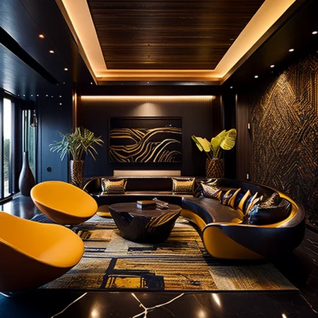 <lyco:African_style_interior_design_Sa_May:1.0> Mancave, Afrofuturist architectural theme, obsidian floors, complementary and tertiary colors, rich, warm furniture, African wall photography, natural fibers, woods, leathers, spacious, open, luxurious, tactile, extremely expensive, 16k, photographic, award-winning, Architectural Digest