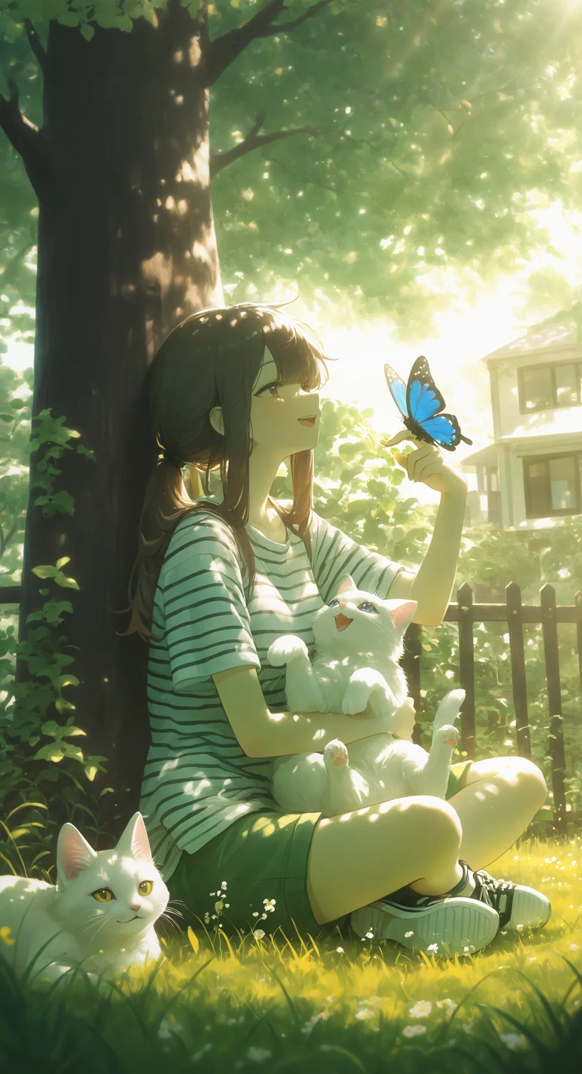 masterpiece, best quality, good quality, newest, highres, absurdres, 1girl, solo, long hair, smile, open mouth, shirt, brown hair, holding, sitting, ponytail, short sleeves, outdoors, shorts, shoes, day, striped clothes, from side, tree, animal, sunlight, cat, grass, bug, sneakers, building, butterfly, striped shirt, fence, indian style, holding animal, green shorts, on grass, white cat, holding cat, looking at animal, under tree, xxx667_illu <lora:illustriousXL_stabilizer_v1.23:0.3> <lora:NOOB_vp1_detailer_by_volnovik_v1:0.3> <lora:ponyv6_noobE11_2_adamW-000017:0.45> <lora:XXX667:0.4> <lora:WSSKX_WAI:0.7>