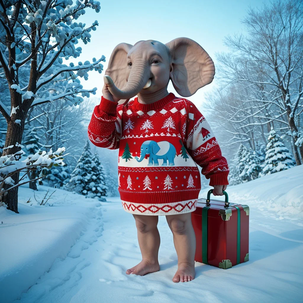 christmas_sweater, score_9, score_8_up, score_7_up, score_6_up, score_5_up, solo, elephant, christmas_tree, decorating, trunk, ornaments, full_body, side_view, outdoors, snow, winter, colorful, whimsical, dynamic, looking_at_viewer, full_body, standing, baby elephant,