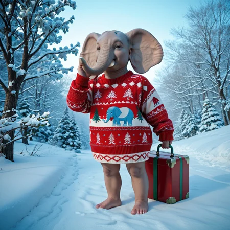 christmas_sweater, score_9, score_8_up, score_7_up, score_6_up, score_5_up, solo, elephant, christmas_tree, decorating, trunk, ornaments, full_body, side_view, outdoors, snow, winter, colorful, whimsical, dynamic, looking_at_viewer, full_body, standing, baby elephant,