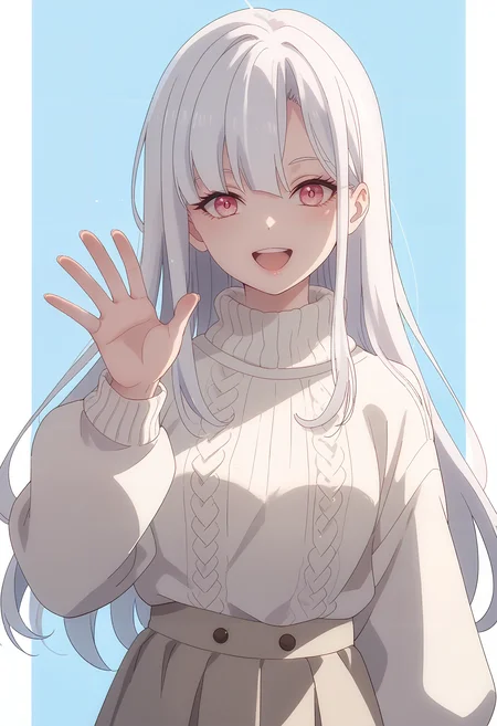 score_9_up,score_8_up,score_7_up,<lora:Makina Solage_v2.0_pony-000030:1>,
DL_MS,1girl,solo,white hair,looking at viewer,long hair,pink eyes,open mouth,cowboy_shot,white_background,simple_background,smile,waving,sweater,white sweater,turtleneck