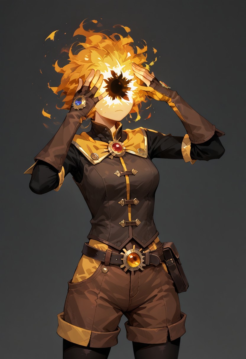 score_9, score_8_up, score_7_up,
lord_of_frenzy, fire head,
novakin, faceless, no eyes, no mouth, no nose, no facial features, short fiery yellow orange hair, body made of black plasma,
open hands, hands on face front,
hands on own head, 
magical girl outfit, steampunk dress, boots, (brown shorts:1.1), black tights, medium breasts, belt,
simple background, grey background,