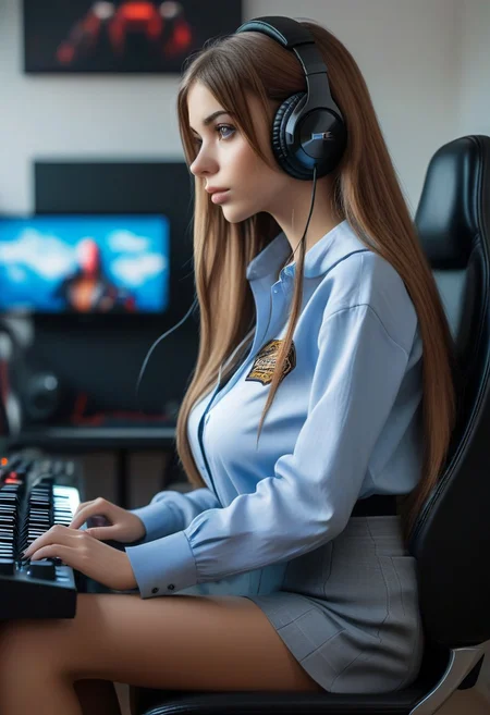 23yo french girl , straight long hair, headphones on head, OverallDetailXL