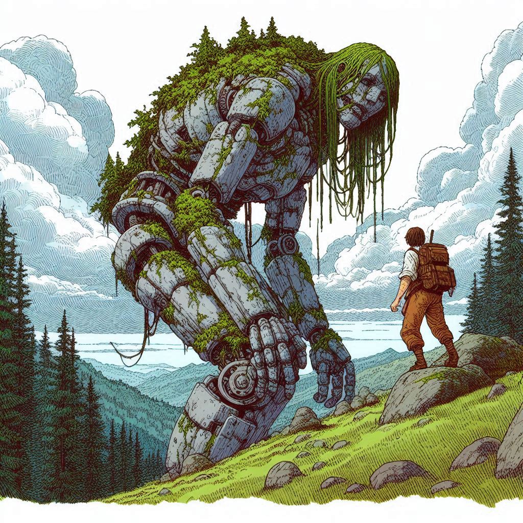 (A color ink sketch by Moebius, Katsuya Terada, Jeffrey Catherine Jones), a wanderer meeting an ancient giant rock automaton with foliage growing all over her body, female Titan monster like a hunched over crone, lumbering, bent over, crooked back, hulking shoulders. like a living hill, towering, view from below, an angle that enhances the feeling of seeing something truly awesome and ancient, a landscape of forested hills, cloudy sky
