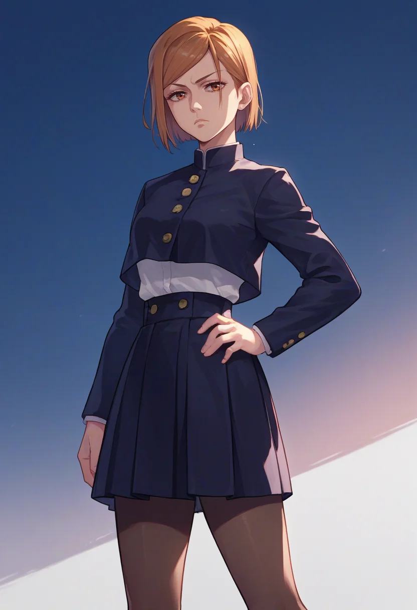 score_9, score_8_up, score_7_up, source_anime, solo, 1girl, kugisaki nobara, expressionless, looking at viewer, hand on hip, school uniform, black jacket, long sleeves, black skirt, pantyhose <lora:jjk_kugisaki_ponyXL:1>
