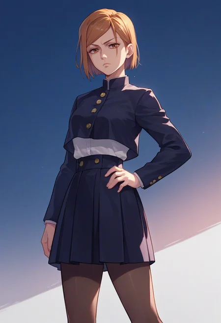 score_9, score_8_up, score_7_up, source_anime, solo, 1girl, kugisaki nobara, expressionless, looking at viewer, hand on hip, school uniform, black jacket, long sleeves, black skirt, pantyhose <lora:jjk_kugisaki_ponyXL:1>