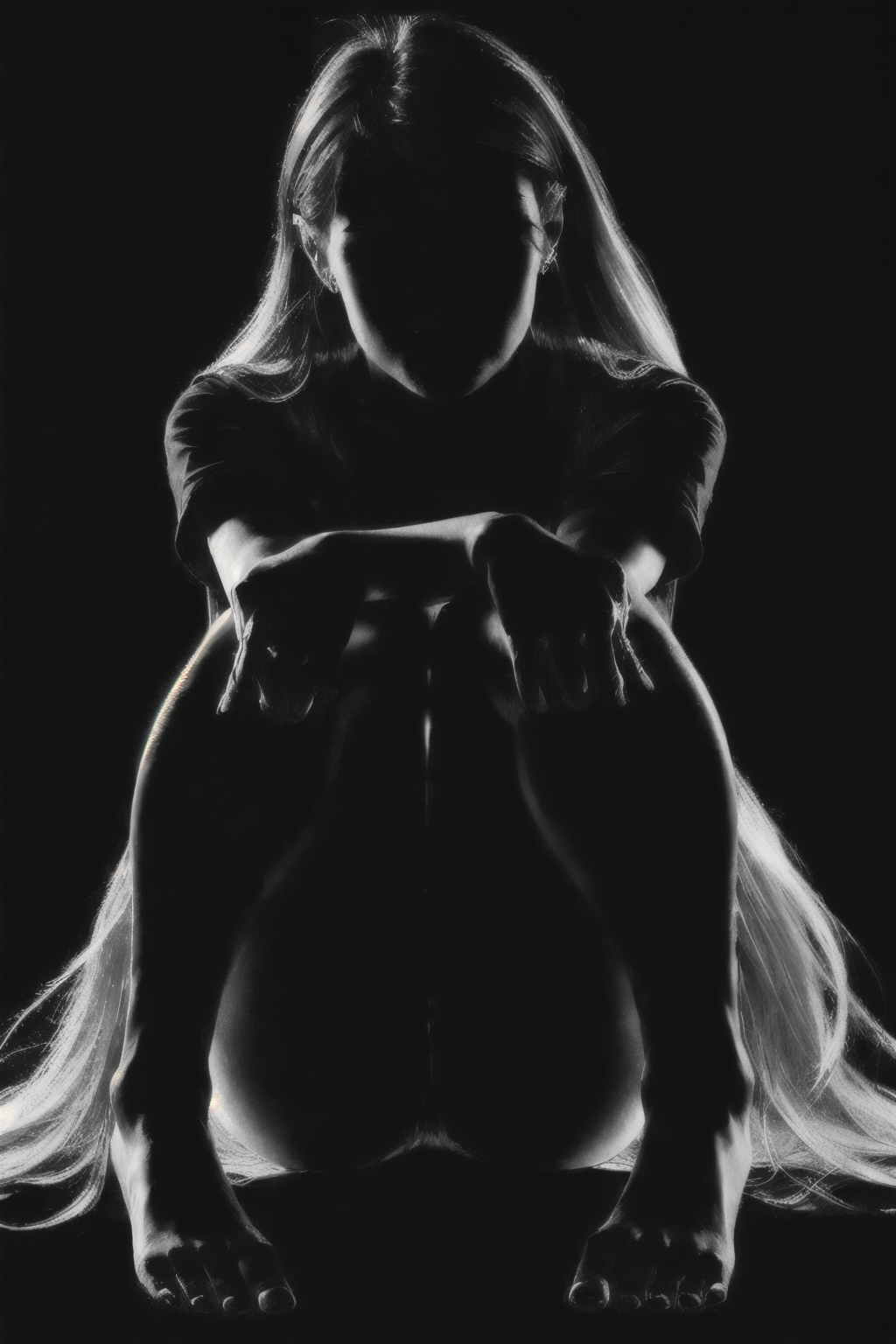 (Realisitc:1.5) (view from front) EdobShadow a woman in the dark, Seated on the floor with legs bent and feet together, (black background:1.3) <lora:EdobShadow_v1.0:1>