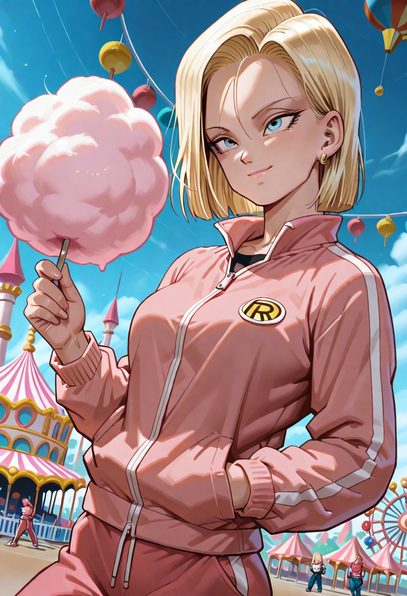 masterpiece, best quality, amazing quality, very aesthetic,
android18, 1girl, solo, blonde hair, blue eyes, short hair,,
outif3, jacket, pink jacket, pants, track suit,
one hand in pocket, colorful, cinematic atmosphere, amusement park, holding cotton candy, happy, dynamic angle