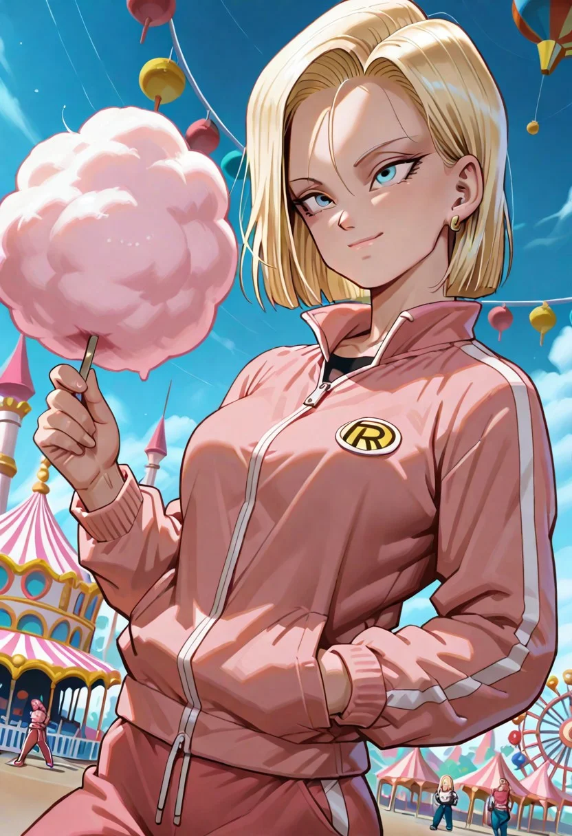 masterpiece, best quality, amazing quality, very aesthetic,
android18, 1girl, solo, blonde hair, blue eyes, short hair,,
outif3, jacket, pink jacket, pants, track suit,
one hand in pocket, colorful, cinematic atmosphere, amusement park, holding cotton candy, happy, dynamic angle