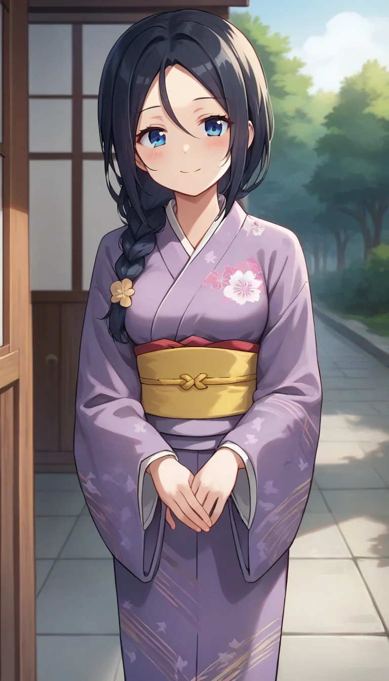 score_9,score_8_up,masterpiece,best quality,correct anatomy,anime_source,1girl,solo,perfect eyes,perfect arms,perfect legs,perfect face,outdoors,upper body,(portrait:1.5),looking at viewer,facing viewer,smile,blush,Miki Tachibana,long hair,black hair,single braid,hair over shoulder,hair between eyes,parted bangs,forehead,blue eyes,japanese clothes,purple kimono,print kimono,yellow obi,sash,wide sleeves,long sleeves,medium breasts,white socks,clog sandals,<lora:Miki Tachibana(huc)-Pony:0.9>,