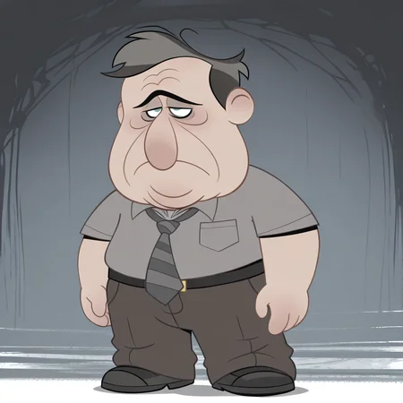 todd-m, 1boy, male, mature male, older male, fat man, plump, fat, dark grey hair, big nose, unibrow, age lines, wrinkles, green eyes, masterpiece, best quality, detailed, solo, sad, standing, frown, tired, eyes half closed, grey shirt, striped tie, brown pants, belt, shoes, standing, eye contact, looking at viewer
