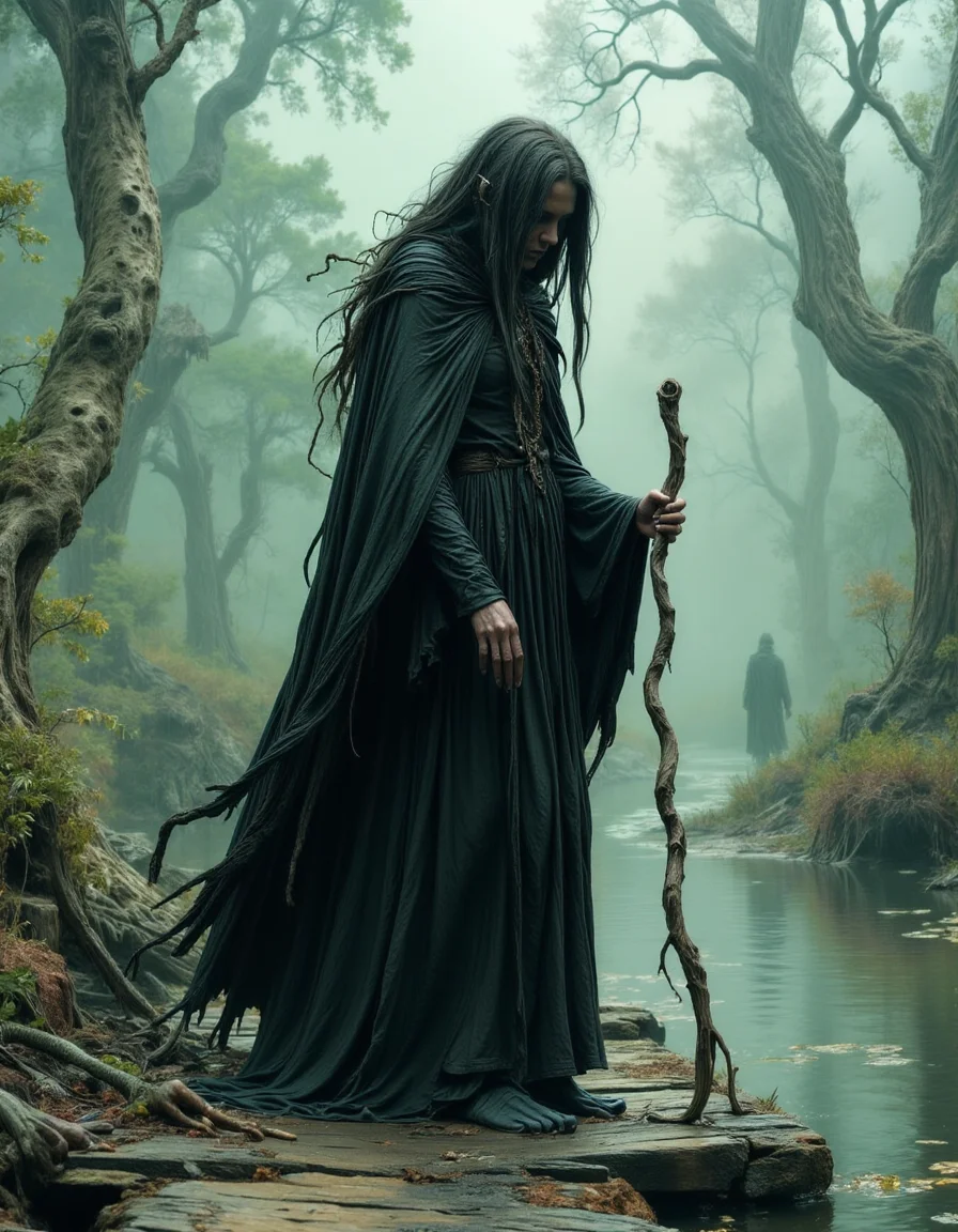 The Shadow Witch of the Hollow Marsh A tall, gaunt sorceress, her dark, flowing robes blending with the mist-covered marsh, steps carefully across the rotting wooden planks of an abandoned pier. Her long, matted black hair, streaked with tangled vines, drapes over her hunched shoulders as she whispers forgotten incantations to the stagnant waters. In her left hand, a twisted wooden staff, covered in ancient carvings, pulses faintly as spectral hands reach from the swamp beneath her. Her fingers, gnarled like roots, weave through the air, tracing symbols of power that flicker for mere seconds before vanishing. Around her, withered trees groan under unseen weight, their bark peeling as if recoiling from her presence. The air is thick with the stench of decay and something far older, as if the very land itself remembers her name. The atmosphere is haunting, mystical, and foreboding, capturing the presence of a woman whose magic is both feared and forgotten.
<lora:dark-fantasy-flux:1>