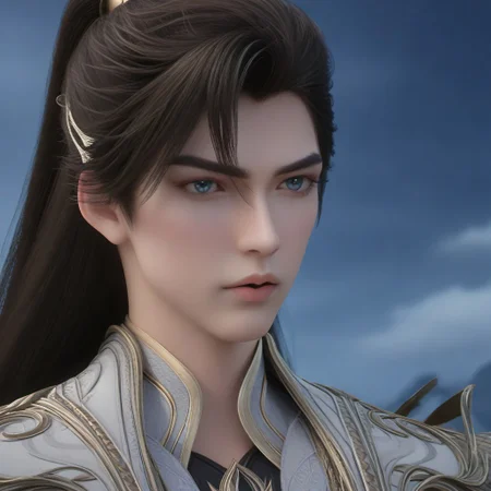 focus on face, ((super detailed anatomic beautiful gentle face)), PonyXLV6_Scores, shihao, 1boy, solo, white dress, god_vision, black hair, long hair, ponytail, sky, armor, focus on face, focus on male,, portrait, high-fashion pose, mysterious and fantasy, epic, fantasy magic atmosphere, high quality,