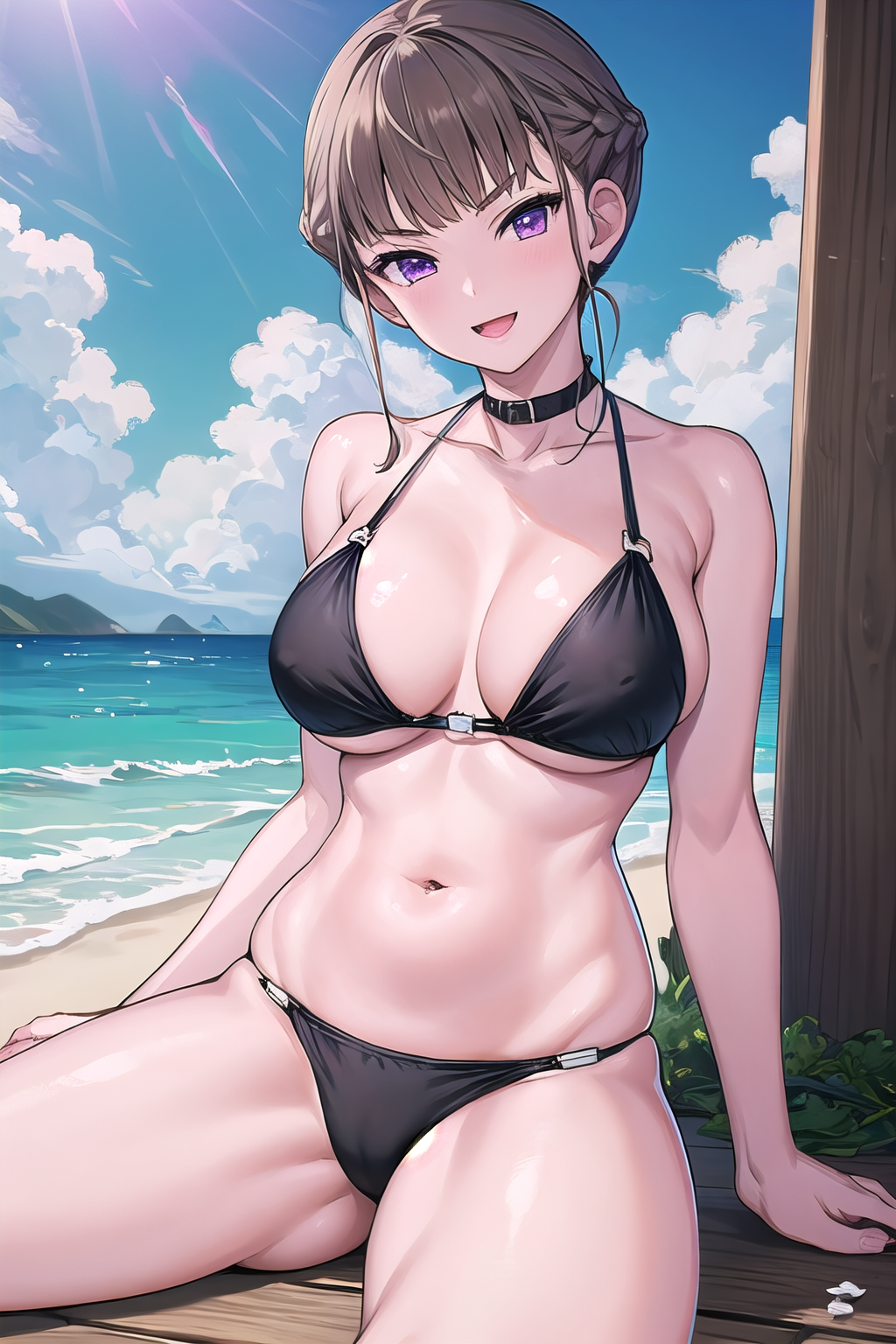 masterpiece, best quality, ultra-high-detailed, Manaka Nemu, short hair, braided hair, brown hair, violet eyes, bikini, beach