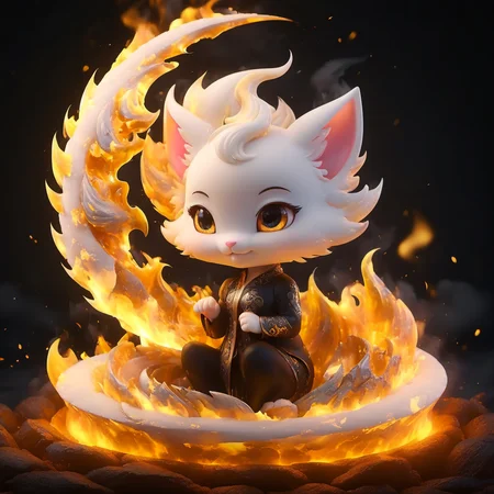 fireart, a spiral of fire with a black background <lora:fireart:1>, cute, tiny, little chibi, kawai, furry, great face expression, dynamic pose, trending on artstation, cinematic, hyper realism, high detail, 8k, 8mm, octane render, bokeh, artstation, detailed, character design by mark ryden and pixar