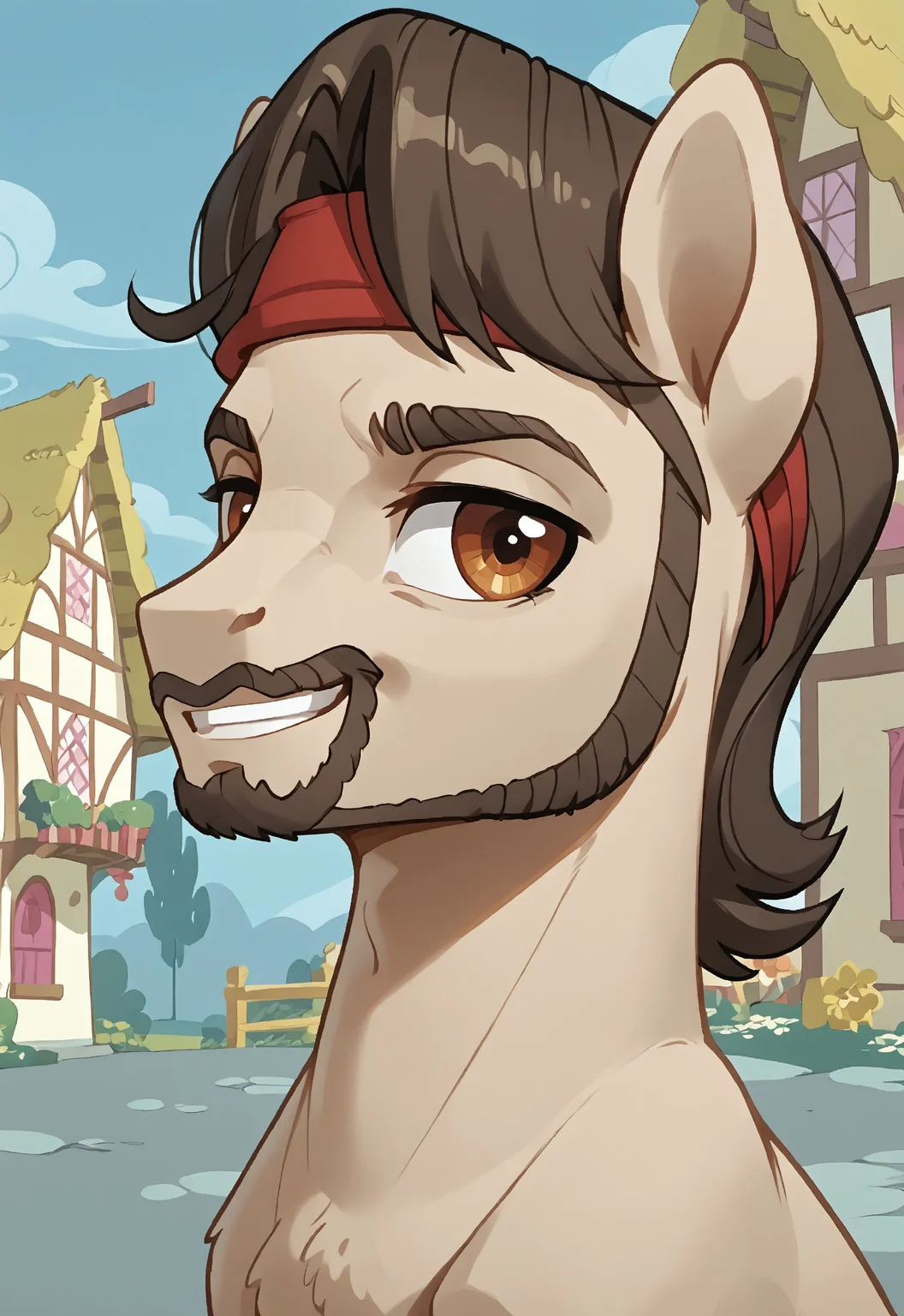 safe_pos, safe_pos, score_9, score_8_up, score_7_up, rating_nsfw, ultra hd, absurdres, solo, masterpiece, best quality, best aesthetic, Expressiveh, wolfconf,
MLPAce, ace_facialhair, ace_brownhair, facial hair, headband, pony, earth pony,
(portrait), headshot, looking at viewer, smiling, ponyville
